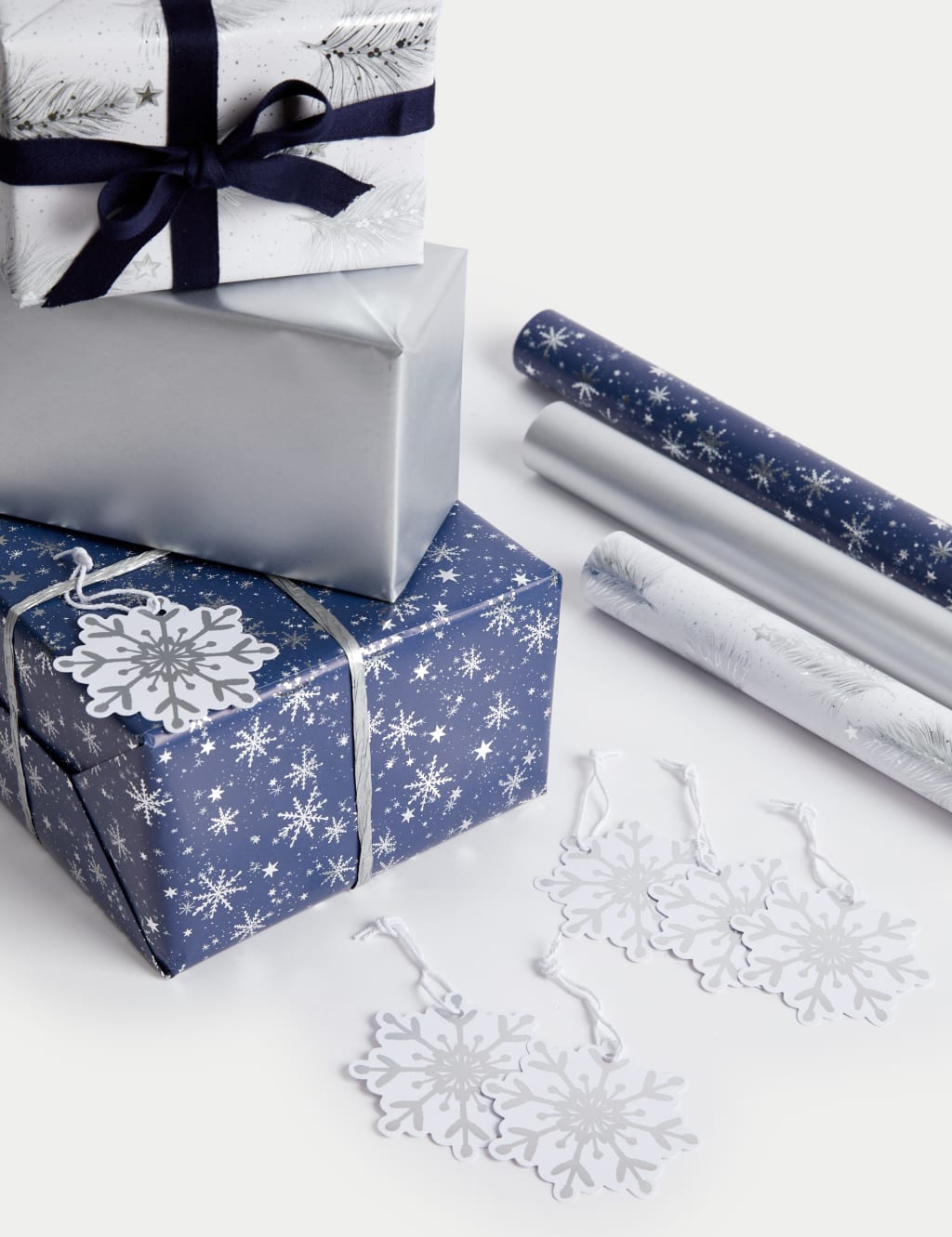 Luxury Silver & Navy 6M Christmas Gift Wrap & Accessories Pack M&S