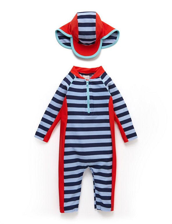 Lycra® Xtra Life™ 2 Piece Striped Onesie with Hat Image 1 of 2