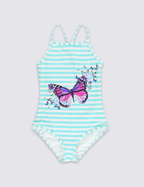 Lycra® Xtra Life™ Chlorine Resistant Striped & Butterfly Print Swimsuit (5-14 Years) Image 1 of 2