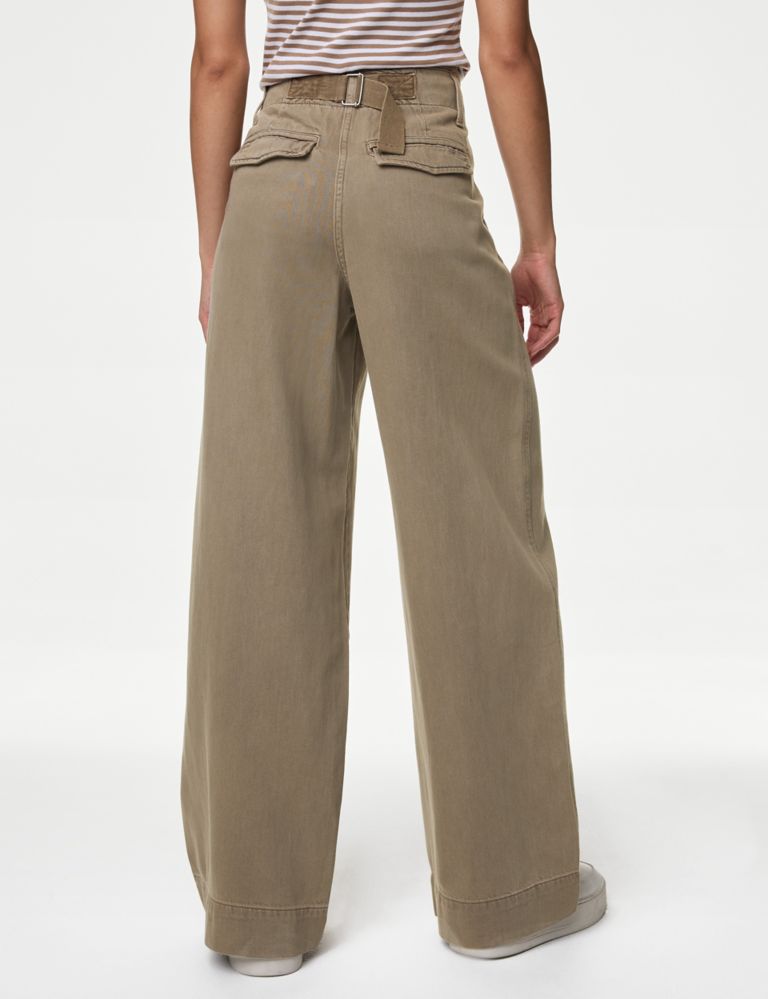 Summer Women Casual Pants Fashion Ruffled Patch Pockets Elastic Mid Waist  Wide Leg Pants Ladies Loose Wear Female Trousers (Color : Khaki, Size 