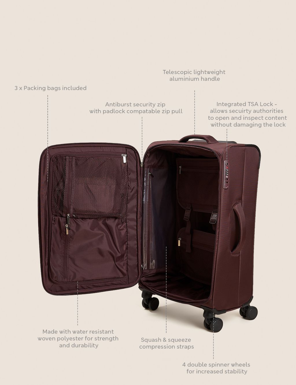 Lyon 4 Wheel Soft Medium Suitcase 4 of 7