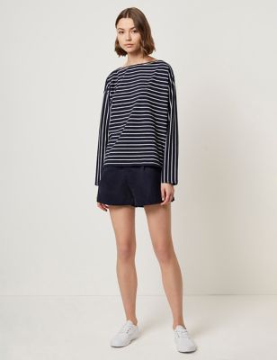 French Connection Womens Cotton Rich Striped Slash Neck Relaxed Top - XS - Dark Navy Mix, Dark Navy 