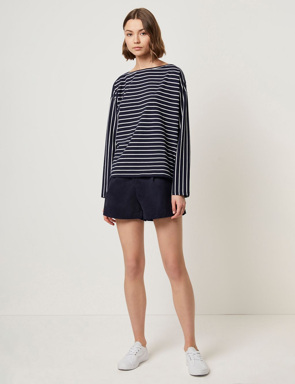 Cotton Rich Striped Slash Neck Relaxed Top
