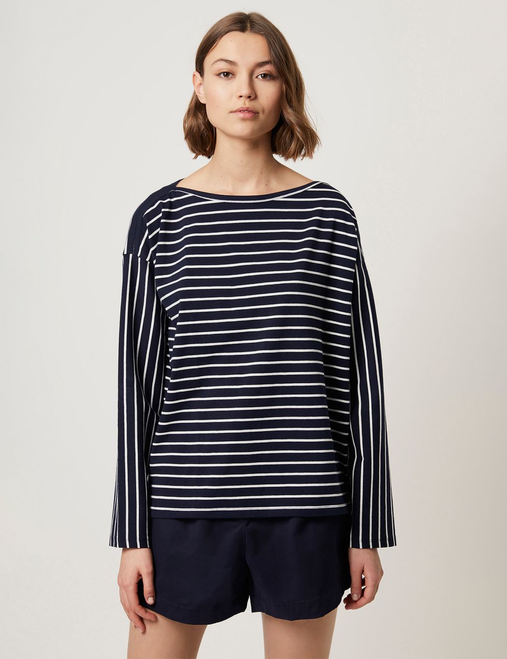 Cotton Rich Striped Slash Neck Relaxed Top image 3