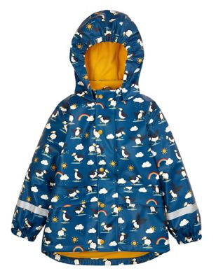 Frugi Puffin Print Hooded Fleece Lined Raincoat ( 1 - 10 Yrs) - 5-6 Y - Blue Mix, Blue Mix