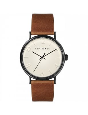 Mens Ted Baker Phylipa Brown Leather Watch - White, White