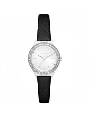Womens DKNY Parsons Black Leather Watch - Silver, Silver