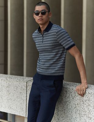 M&S Men's Cotton Rich Zip Up Knitted Polo Shirt - XSREG - Navy Mix, Navy Mix