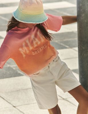 M&S Girls Pure Cotton Palm Beach T-Shirt (6-16 Yrs) - 7-8 Y - Orange Mix, Orange Mix,Ivory Mix