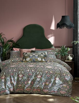 William Morris At Home Pure Cotton Lodden Bedding Set - 5FT - Dusky Rose, Dusky Rose,Sage Mix,Navy M