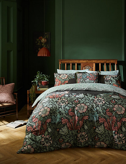 William Morris At Home Pure Cotton Sateen Compton Bedding Set - 5Ft - Charcoal Mix, Charcoal Mix