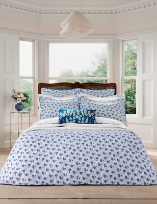 V&A Pure Cotton Swanwick Duvet Cover - 5FT - Blue/White, Blue/White