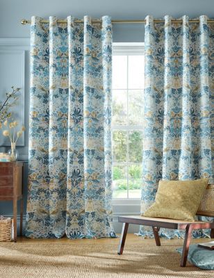 William Morris At Home Strawberry Thief Panama Eyelet Curtains - WDR90 - Ochre, Ochre