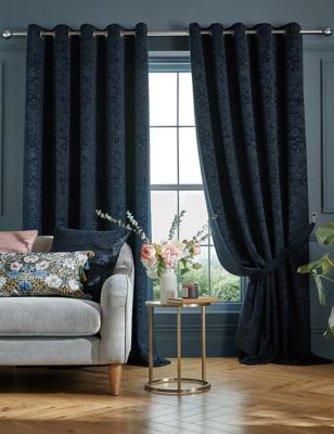 William Morris At Home Velvet Strawberry Thief Eyelet Curtains - WDR54 - Navy, Navy,Charcoal Mix