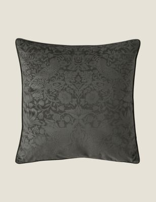 William Morris At Home Velvet Strawberry Thief Cushion - Charcoal, Charcoal,Ochre,Oyster,Rose Pink,N