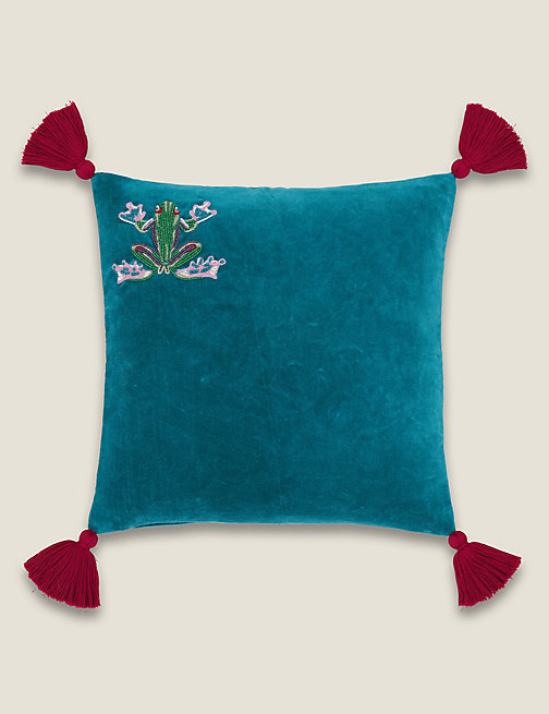 Marks And Spencer Joules Velvet Midnight Beasts Embellished Cushion - Teal, Teal