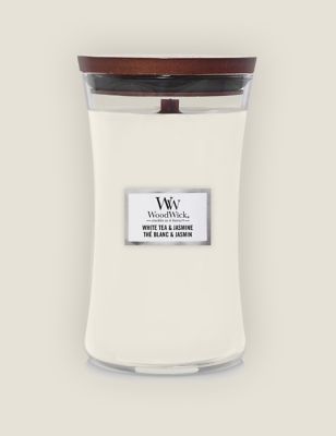 Woodwick White Tea & Jasmine Hourglass Candle with Crackle Wick, White