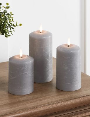 Lights4Fun Set of 3 TruGlow® Pillar LED Candles - Grey, Grey