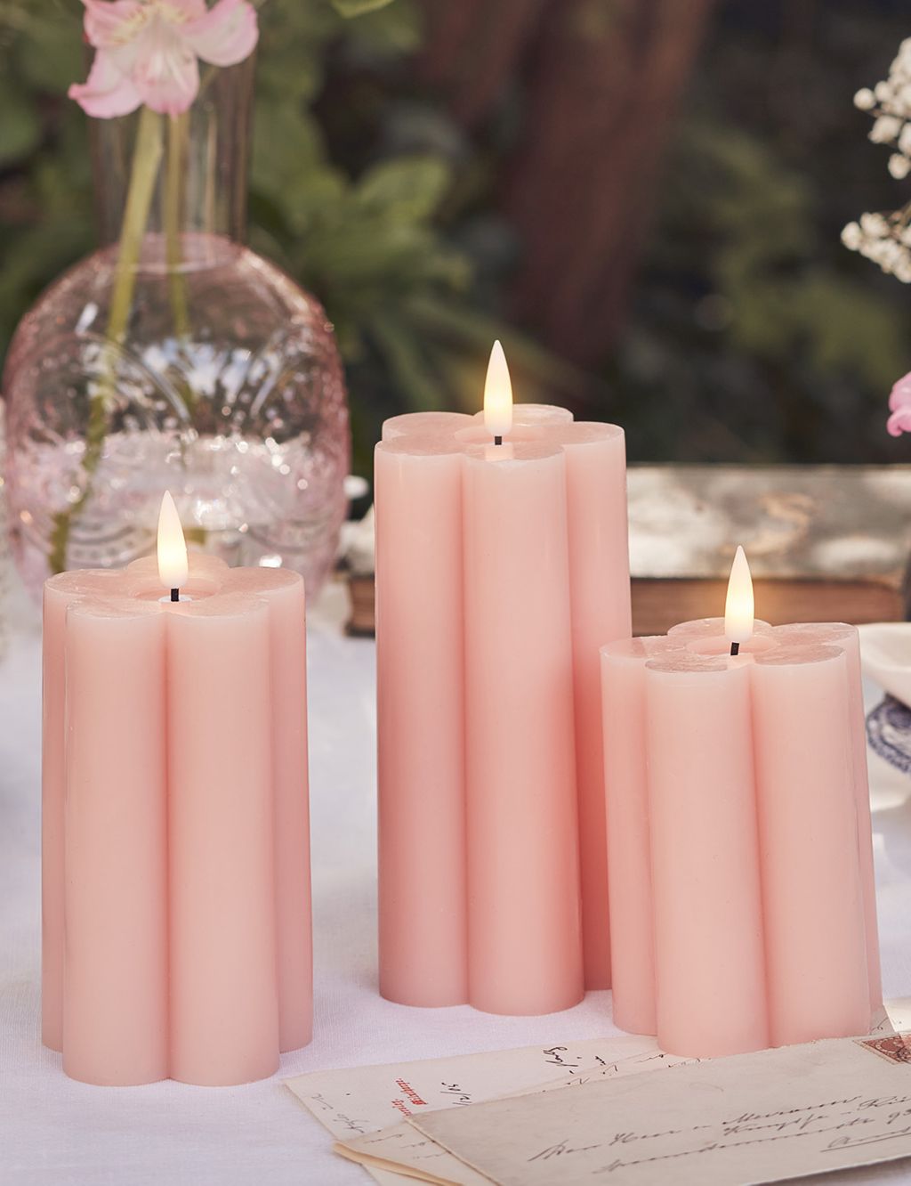 Set of 3 Wax Flower Light Up Candles