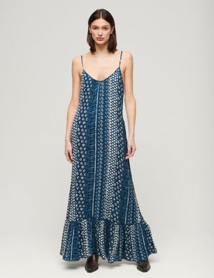 Superdry Womens Printed Round Neck Strappy Maxi Slip Dress - 16 - Blue, Blue