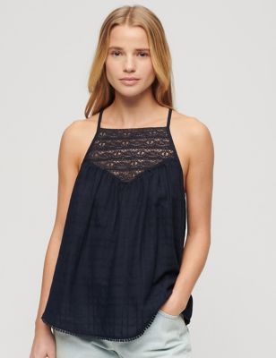 Superdry Womens Linen Blend Lace Cami Top - 8 - Navy, Navy
