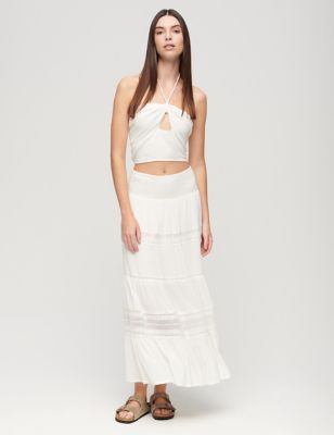 Superdry Womens Textured Lace Detail Maxi Tiered Skirt - 10 - White, White