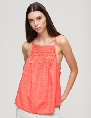 Superdry Womens Textured Lace Detail Relaxed Cami Top - 10 - Coral, Coral,Yellow