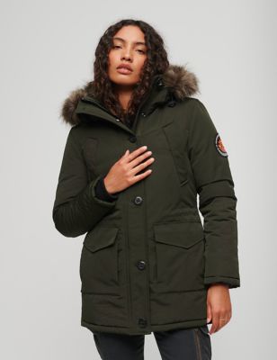 Superdry Womens Hooded Faux Fur Trim Parka Coat - 8 - Green, Green
