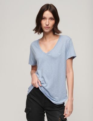 Superdry Womens Cotton Rich Embroidered V-Neck T-Shirt - 8 - Light Blue, Light Blue,Stone,Pink,Khaki
