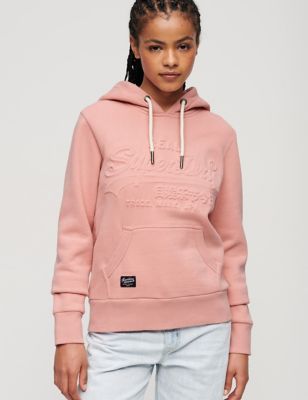 Superdry Womens Cotton Rich Embossed Logo Relaxed Hoodie - 12 - Pink, Pink,Yellow