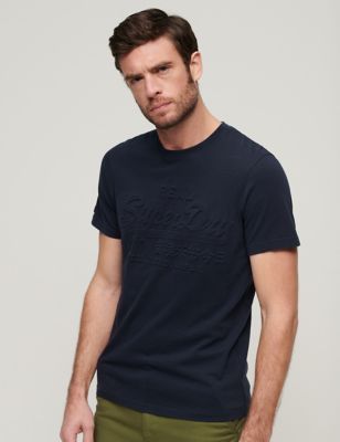 Superdry Mens Pure Cotton Embossed Logo Crew Neck T-Shirt - Navy, Navy,Green