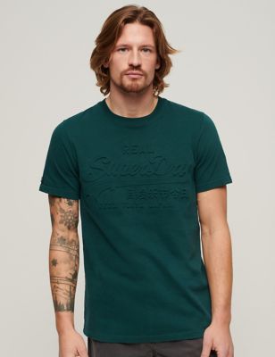Superdry Mens Pure Cotton Embossed Logo Crew Neck T-Shirt - Green, Green,Navy