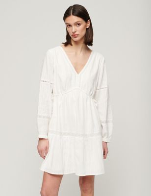 Superdry Womens Cotton Rich V-Neck Mini Tiered Smock Dress - 8 - White, White