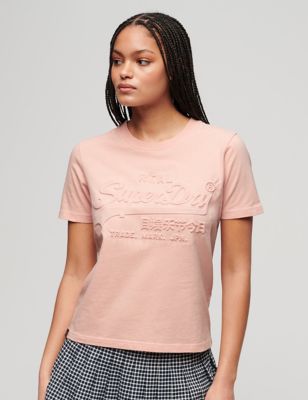 Superdry Women's Cotton Rich Embossed Relaxed T-shirt - 12 - Light Pink, Light Pink,Cream,Pink