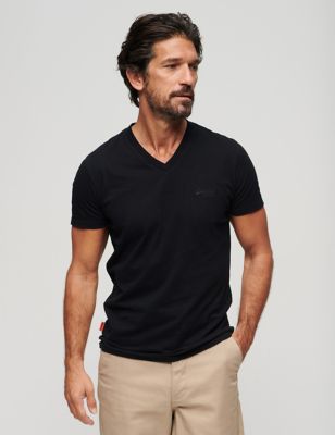 Superdry Men's Slim Fit Pure Cotton V-Neck T-Shirt - Black, Black
