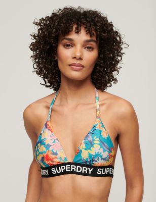 Superdry Womens Logo Padded Triangle Halterneck Bikini Top - 10 - Turquoise, Turquoise,Navy,Blue