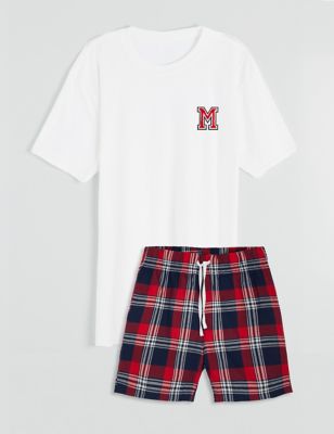 Alphabet Mens Personalised Mens Pyjama Shorts Set - XL - Red Mix, Red Mix
