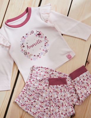 My 1St Years Girl's Personalised Pink Floral Frill Pyjama Set (0-6 Yrs) - 1-2Y, Pink