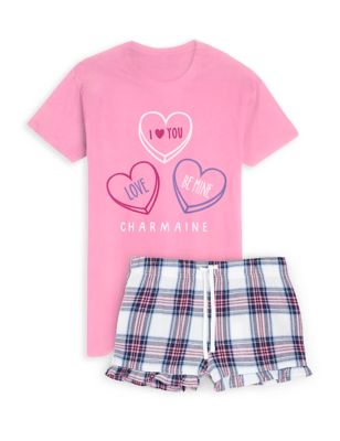 Dollymix Womens Personalised Heart Pyjamas - XL - Pink Mix, Pink Mix