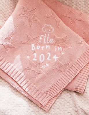 My 1St Years Personalised Born in 2024 Pink Star Jacquard Blanket, Pink,Grey Marl,Blue,Ivory