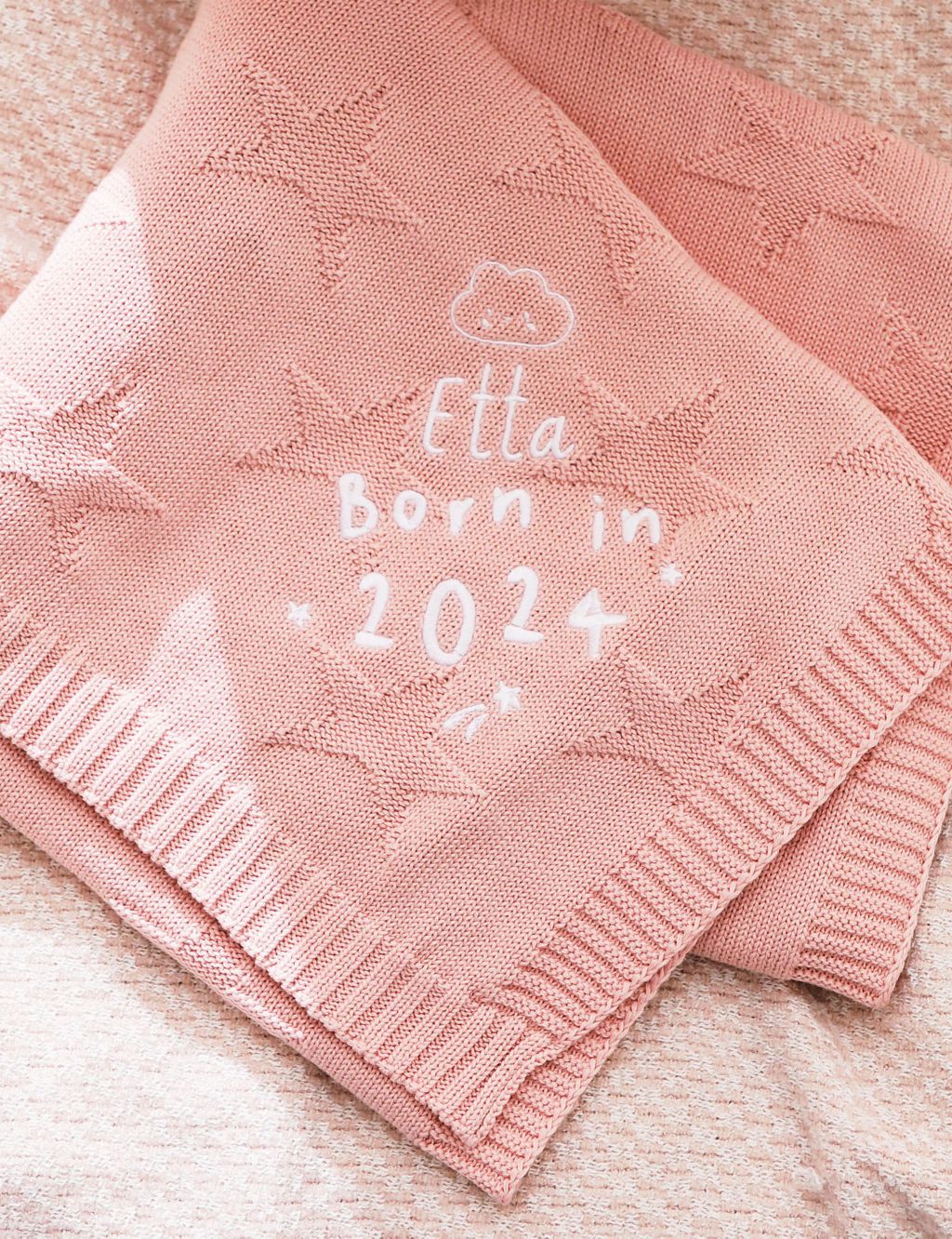 Personalised Born in 2024 Pink Star Jacquard Blanket image 1