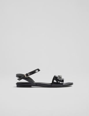 Lk Bennett Women's Leather Patent Ankle Strap Flat Sandals - 5 - Black, Black,Cream