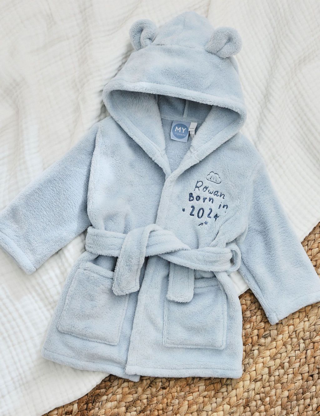 Personalised Born in 2024 Ivory Fleece Robe with Ears (0-12 Mths)