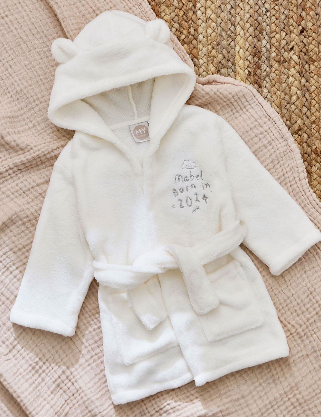 Personalised Born in 2024 Ivory Fleece Robe with Ears (0-12 Mths)