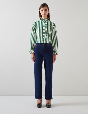 Lk Bennett Womens Cotton Rich Striped Ruffle Shirt with Silk - 6 - Green Mix, Green Mix