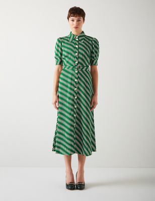 Lk Bennett Women's Geometric Belted Midi Shirt Dress - 18 - Green Mix, Green Mix