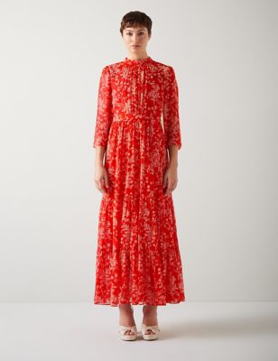 Lk Bennett Womens Pure Silk Floral Maxi Tiered Dress - 8 - Red Mix, Red Mix