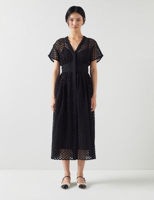 Lk Bennett Womens Pure Cotton Broderie V-Neck Midi Dress - 12 - Black, Black