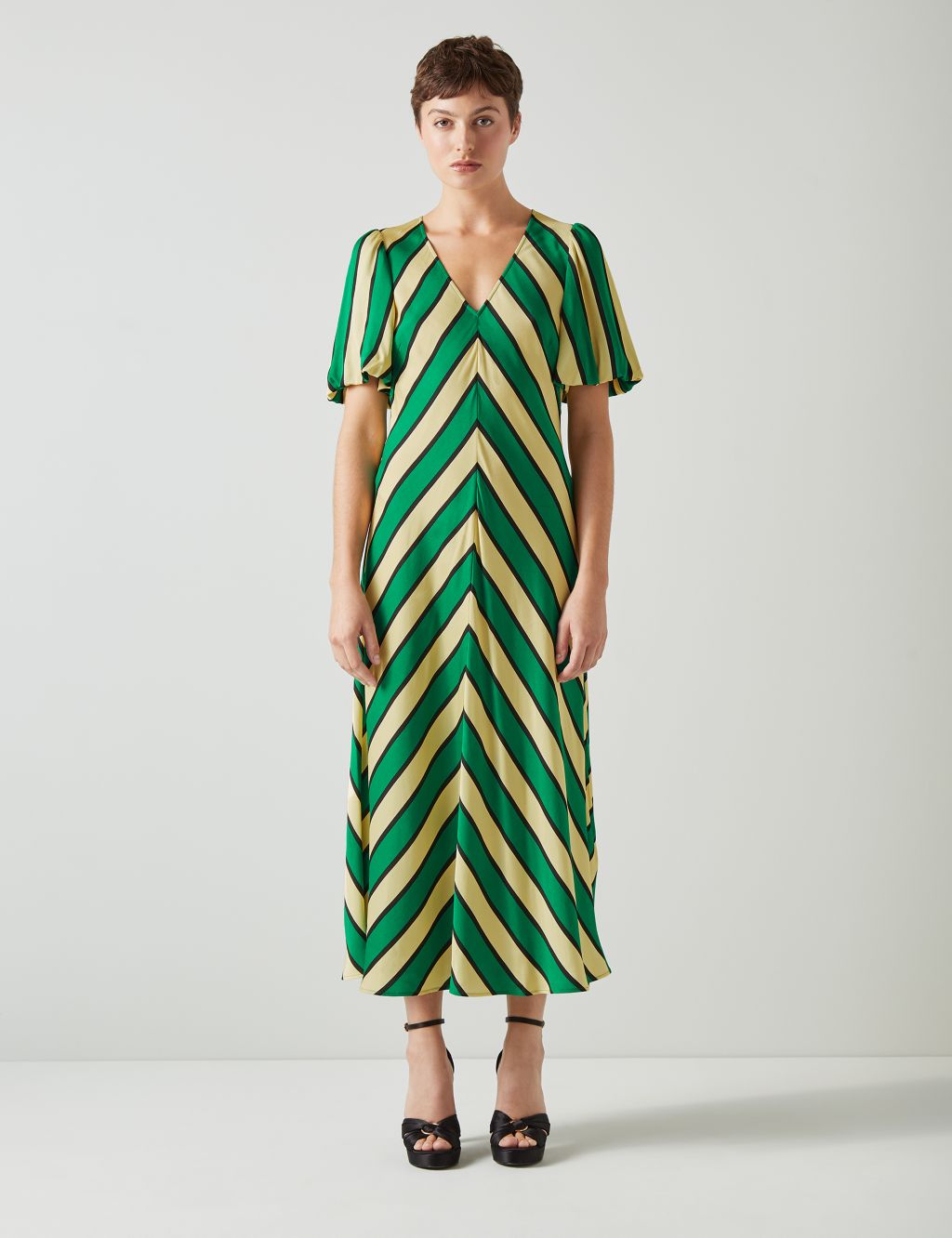 Cotton Blend Striped V-Neck Midi Column Dress