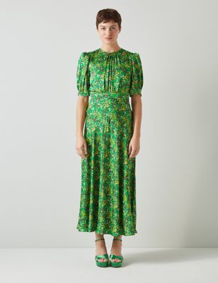 Lk Bennett Women's Floral Midi Waisted Dress - 18 - Green Mix, Green Mix